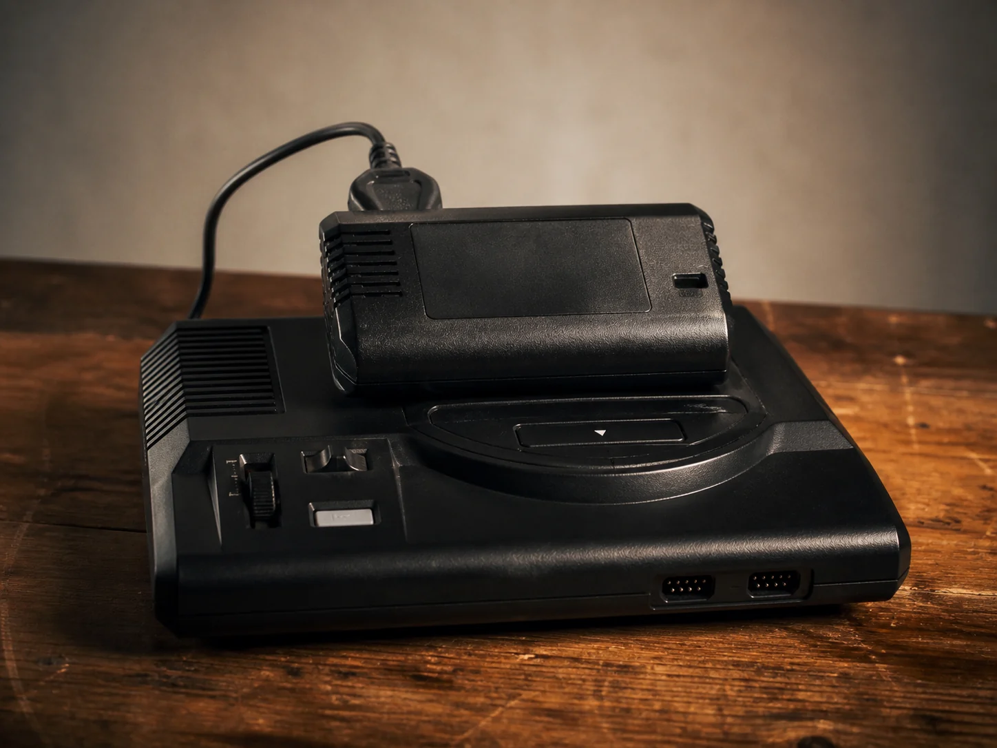 Curiosidades de videojuegos retro: recreacion ilustrativa de un adaptador Sega Channel sobre una consola de 16 bits