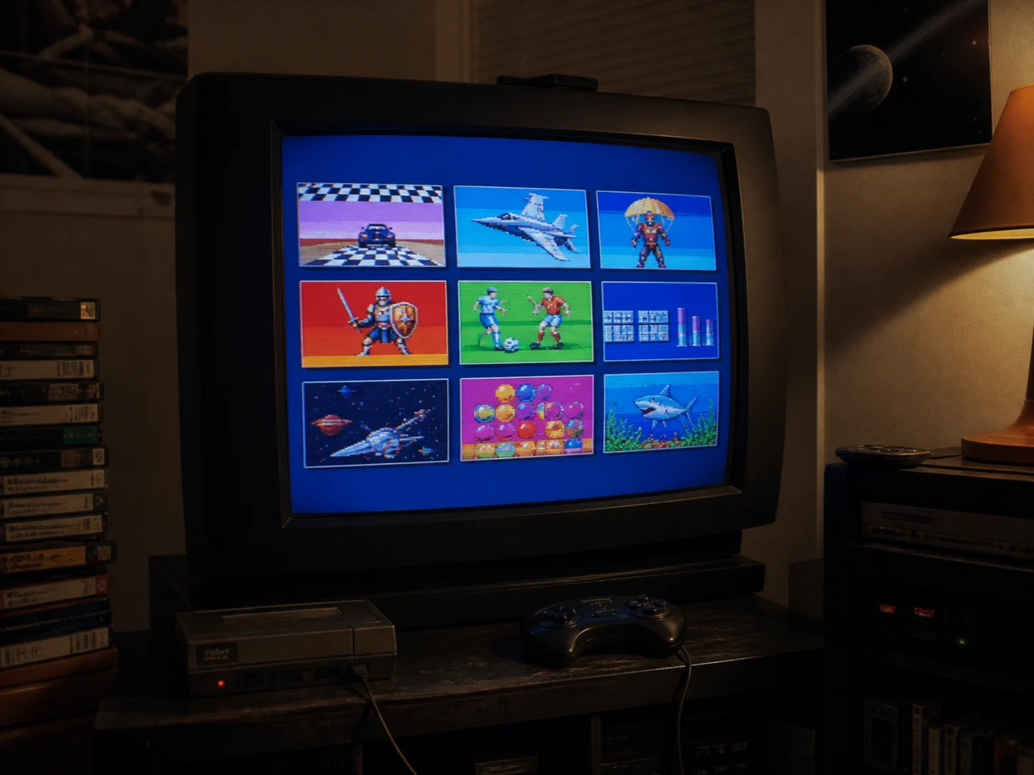 Cultura retro: recreacion ilustrativa de un catalogo de juegos Sega Channel en un televisor CRT