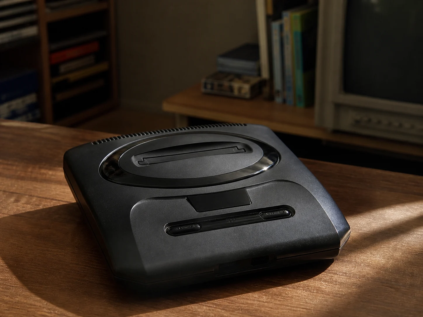 Contexto retro: recreacion ilustrativa de una consola Sega Genesis de 16 bits